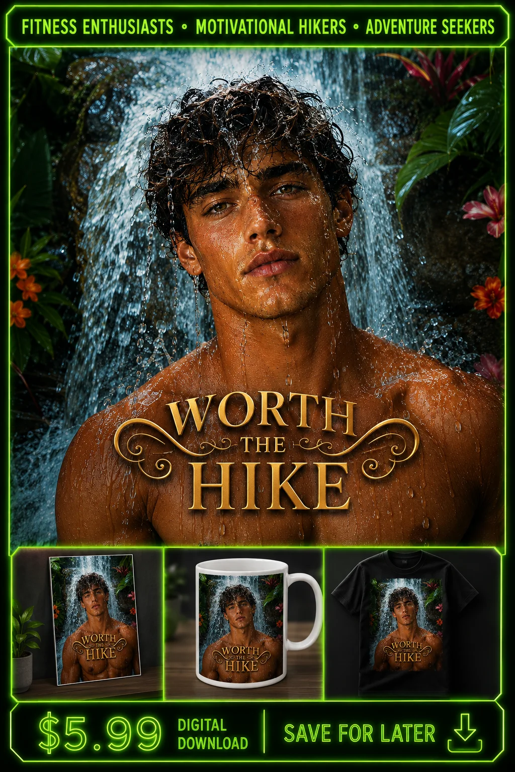 Worth The Hike Waterfall Poster Mug Tshirt Gift For Fitness Hikers Adventure Motivation Nature product image (1)