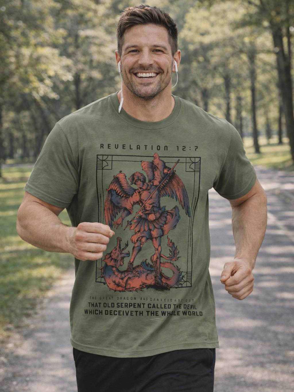 Epic Revelation 12:7 Christian T-Shirt – Archangel Michael Slaying the Dragon in Vintage Ancient Bible Art Style Tee product image (48)
