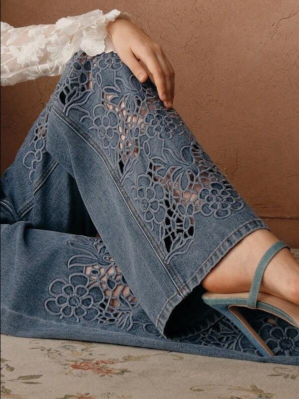 ADLEST Women's High Waist Embroidered Hollow Out Loose Jeans, Fashionable For Spring/Autumn Carnival And Birthday product image (1)