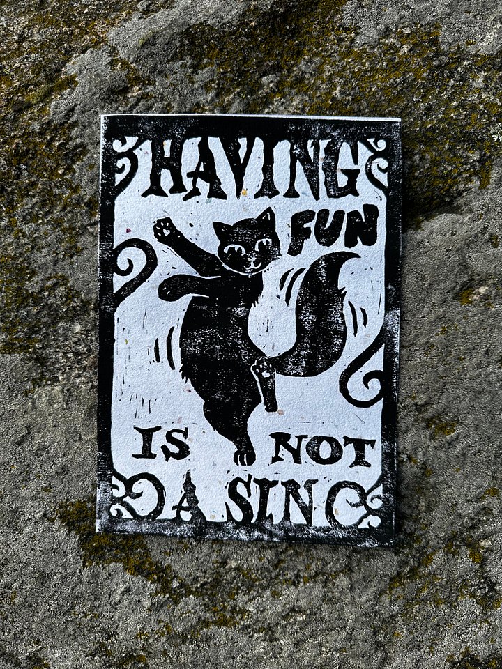 HAVING FUN IS NOT A SIN dancing cat original lino print (6) product image (1)