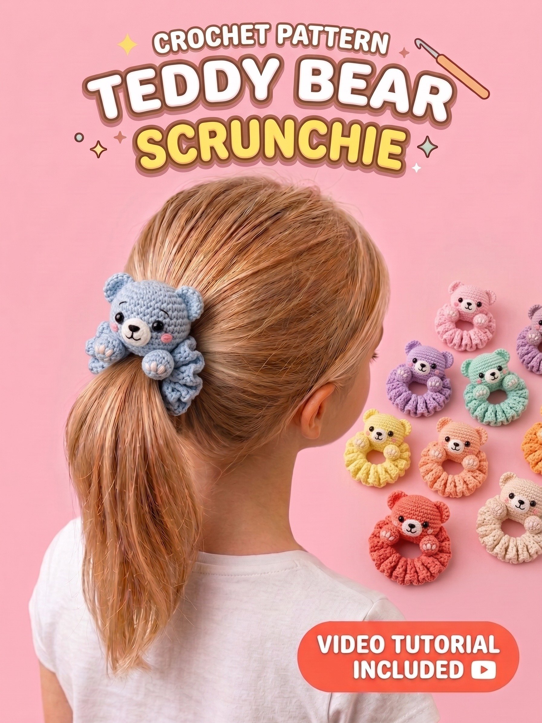 Teddy Bear Scrunchie Crochet Pattern PDF, Amigurumi Hair Tie, Video Tutorial Included product image (1)