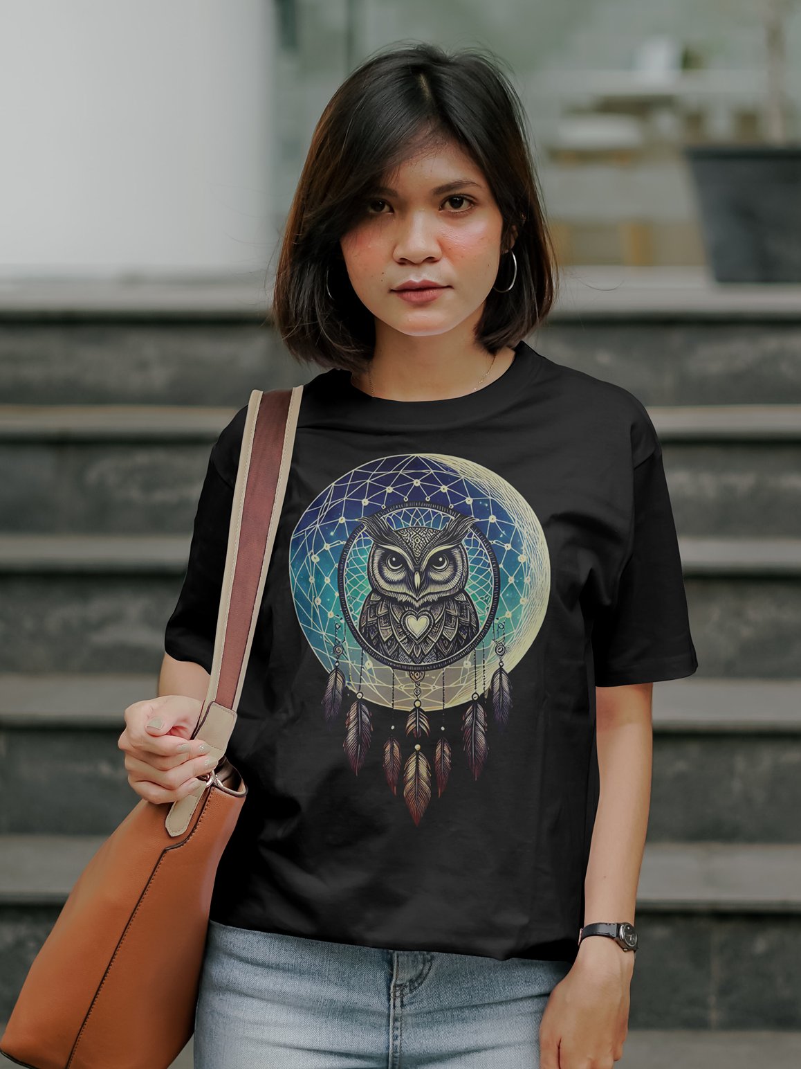🌙 Lunar Owl Dreamcatcher T-Shirt – Mystical Moon & Feathers Design | Celestial Boho Spirit Animal Tee product image (1)