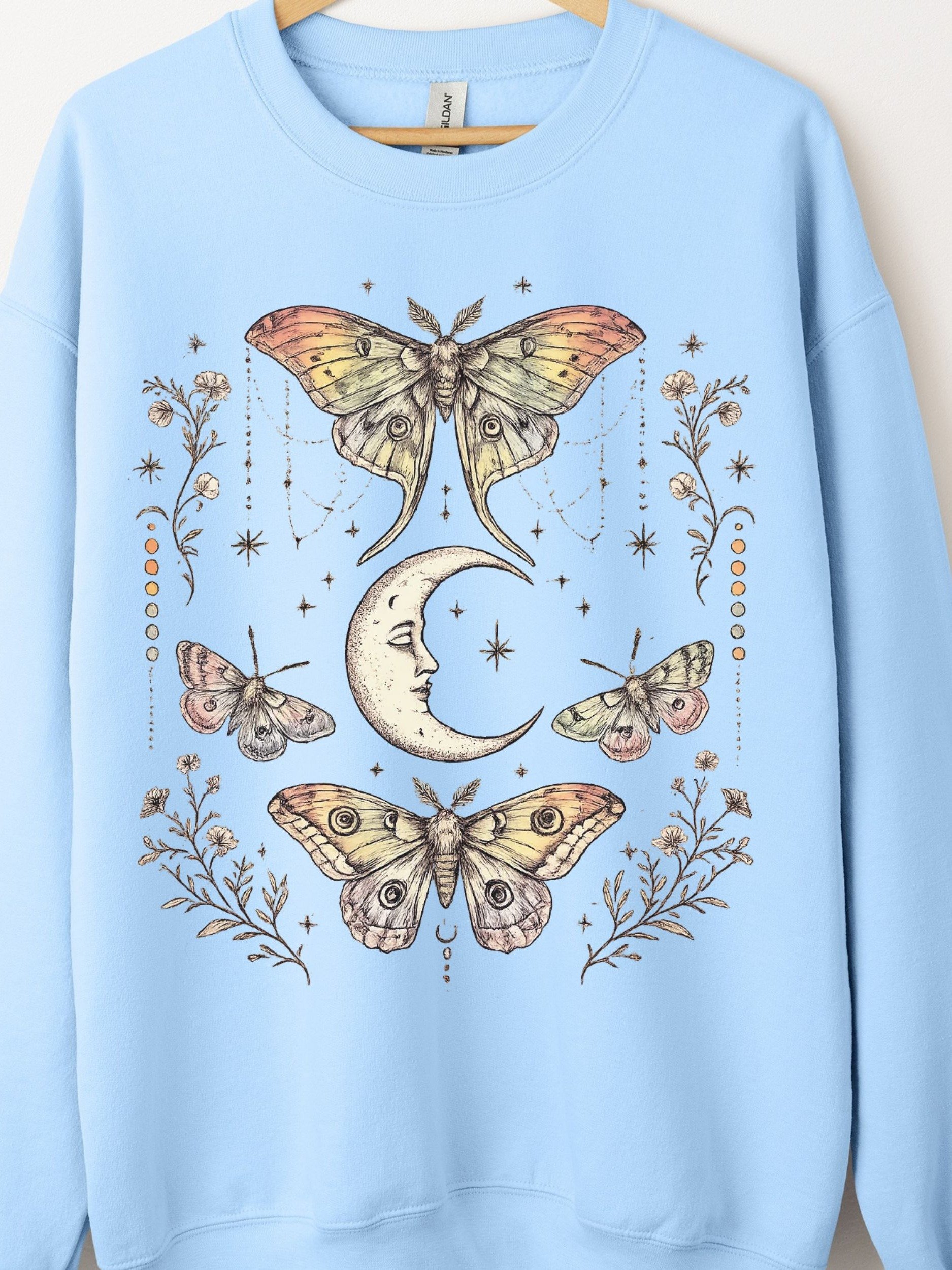 Luna Moth and Crescent Moon Sweatshirt, Mystical Celestial Design product image (1)