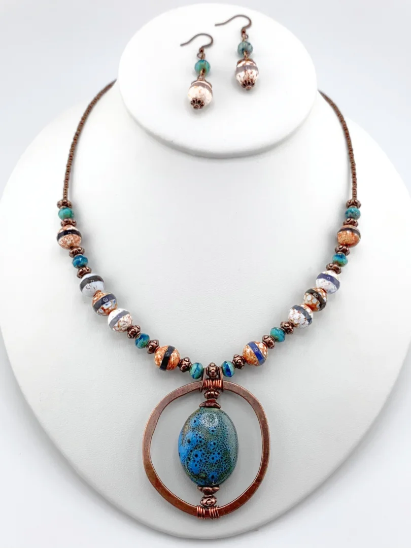 Blue and Copper Porcelain Pendant with Dzi Agate Neckace and Earrings Set product image (1)