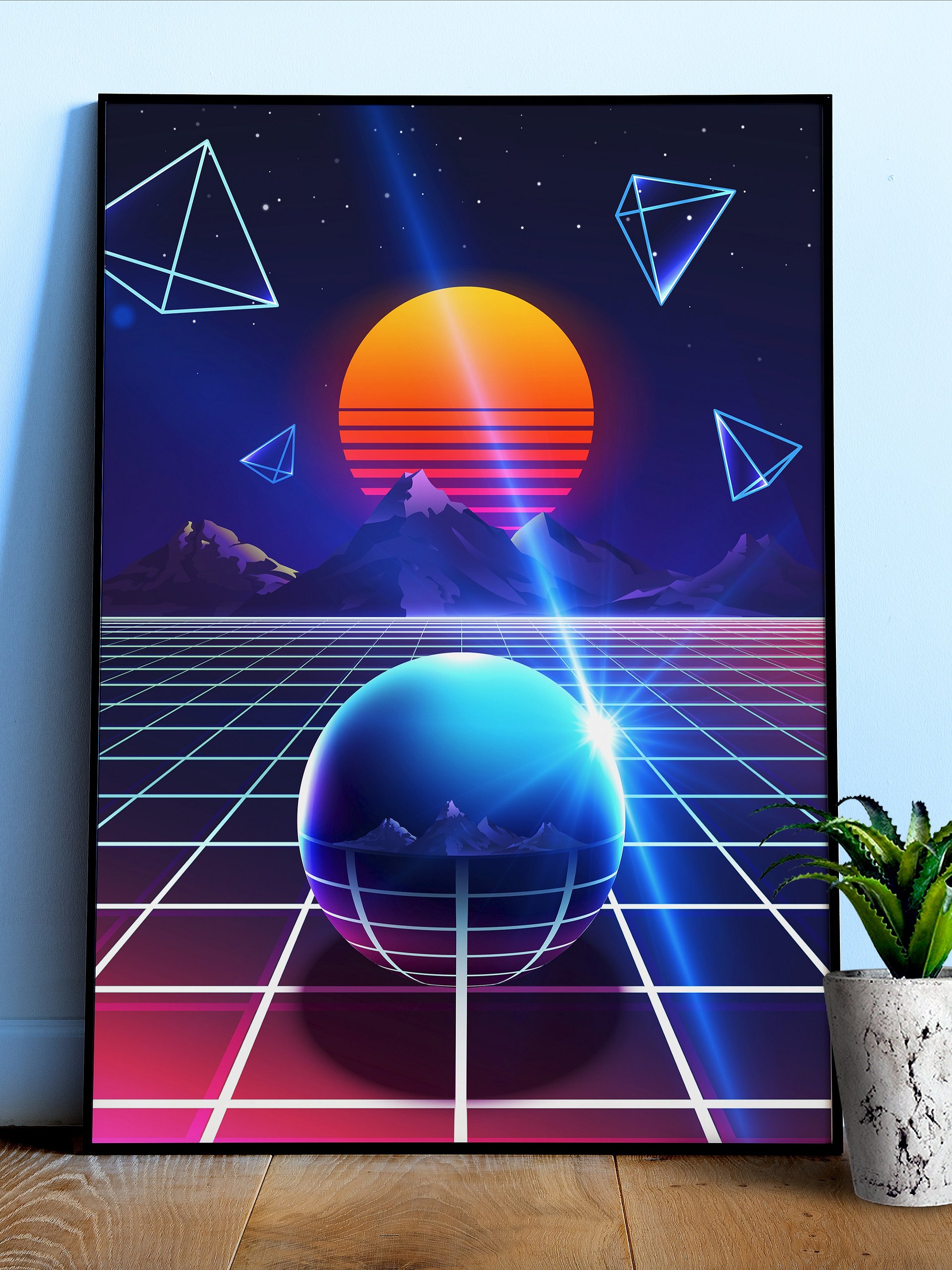 Neon sunset, mountains and sphere [synthwave/vaporwave/cyberpunk] — aesthetic art print product image (1)