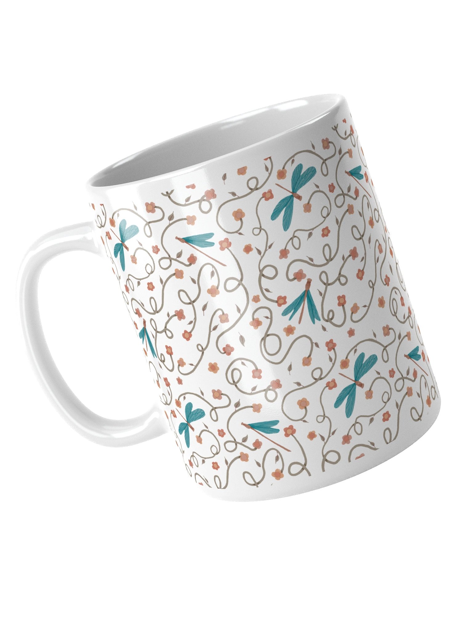 White glossy mug with dragonfly and floral pattern. Artistic nature inspired design product image (4)