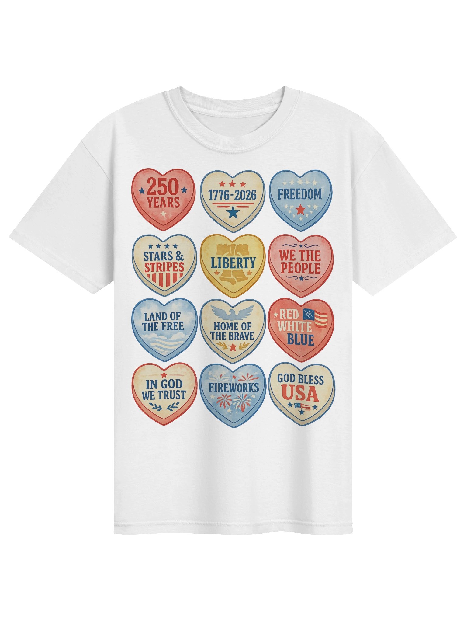 USA 250th Anniversary Candy Hearts T-Shirt | Patriotic 1776–2026 America Celebration Tee product image (1)