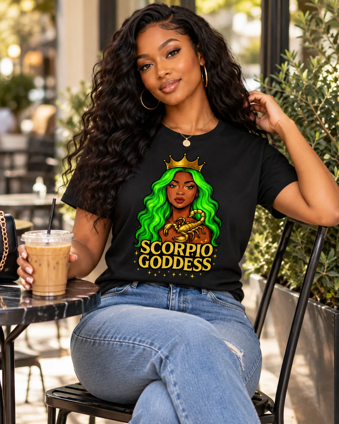 Scorpio Goddess Graphic T-Shirt – Neon Green Hair Zodiac Queen Tee, Gold Crown Scorpion Astrology Shirt product image (2)