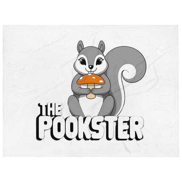Ultra soft and plushy blanket: The Pookster: Large Pooky, 70s font, mushroom, transparent background. greyscale with red mushroom product image (1)
