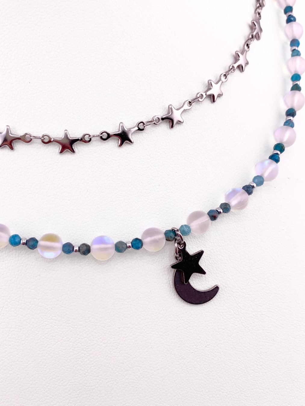 Apatite and Faux Moonstone Two-Strand Star Moon Necklace product image (2)
