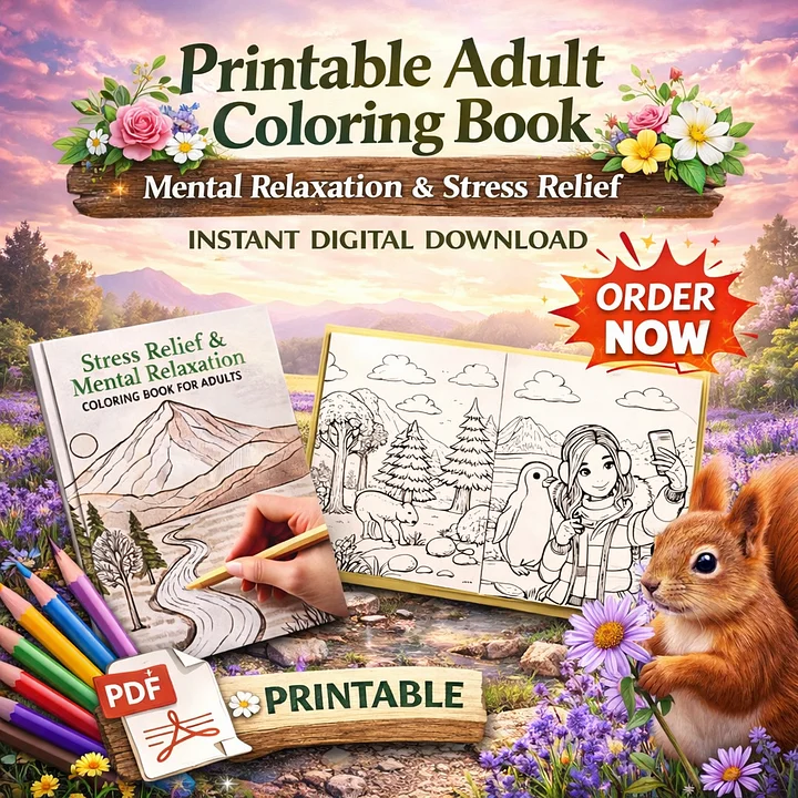 100-Page Adult Coloring Book | Mental Relaxation & Stress Relief | Ease Anxiety | Printable Instant Download + Freebies product image (1)