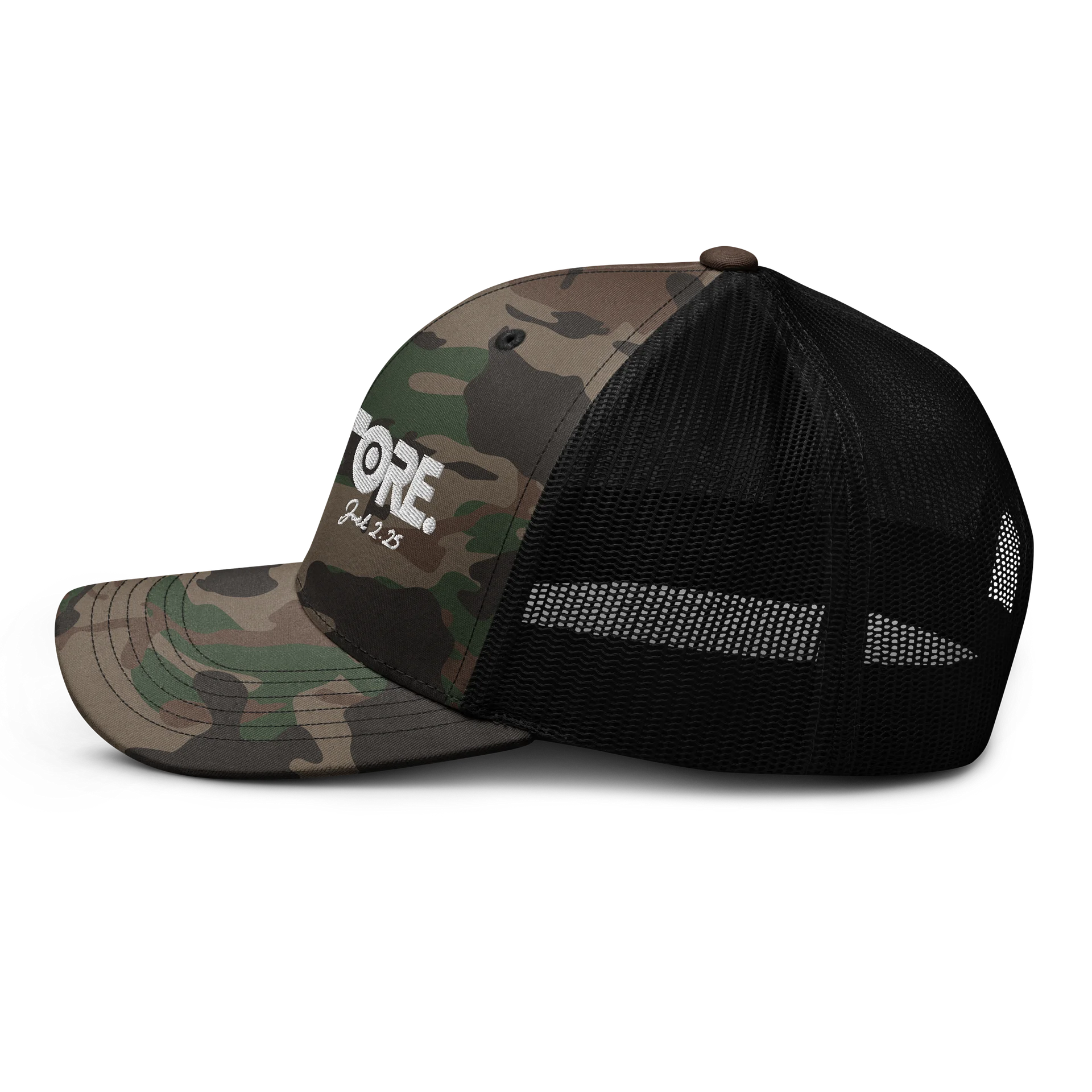 RESTORE™ Camo Trucker Hat | Joel 2:25 Christian Snapback | Faith-Inspired Mesh Cap | Scripture Apparel product image (3)