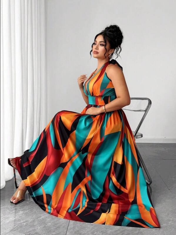 Elenzga Plus Size Women Summer Fashionable Elegant Vacation Halter Tie Waist A-Line Dress product image (4)