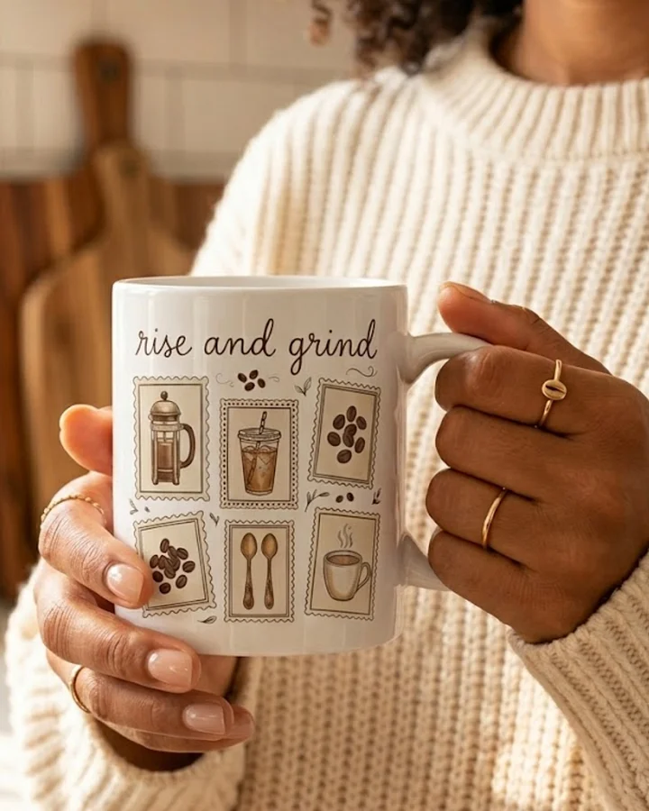 Rise and Grind Coffee Mug | Funny Coffee Lover Gift | Vintage Stamp Mug | Tired Mom Mug | Wife Gift | Millennial Mom Gift product image (1)