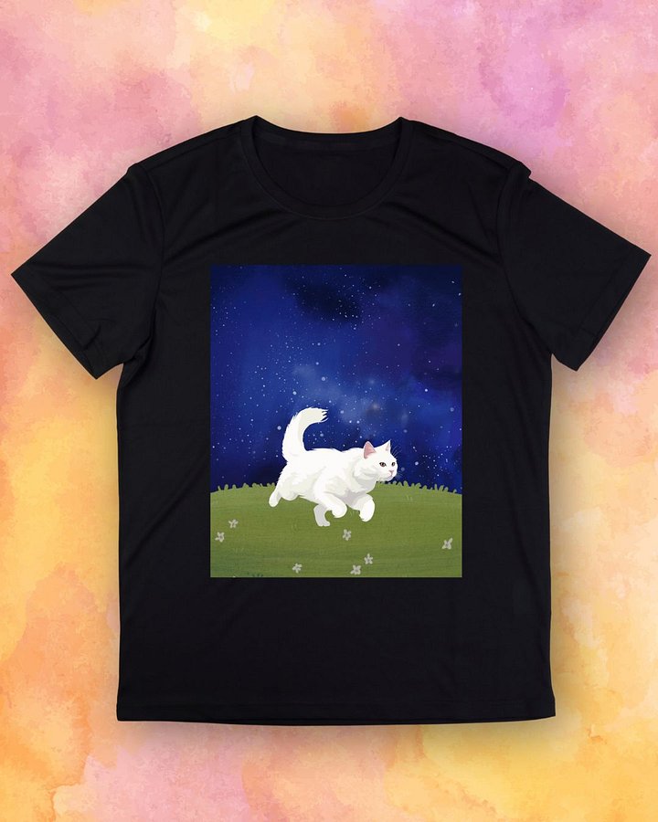White Cat Running on Grass at Night T-Shirt product image (1)