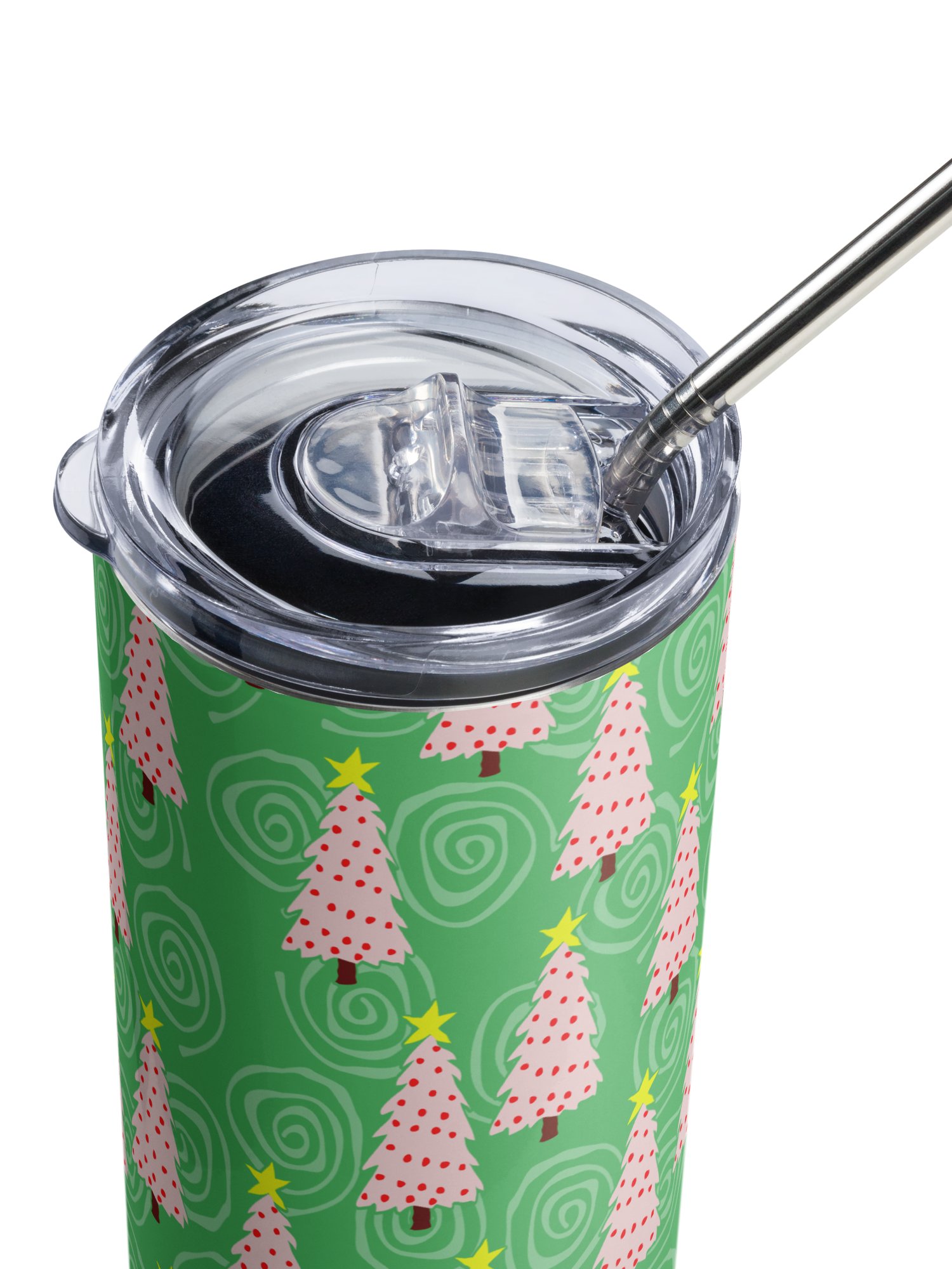 Pink Christmas Trees on Green Spirals Stainless Steel Tumbler with Straw product image (5)