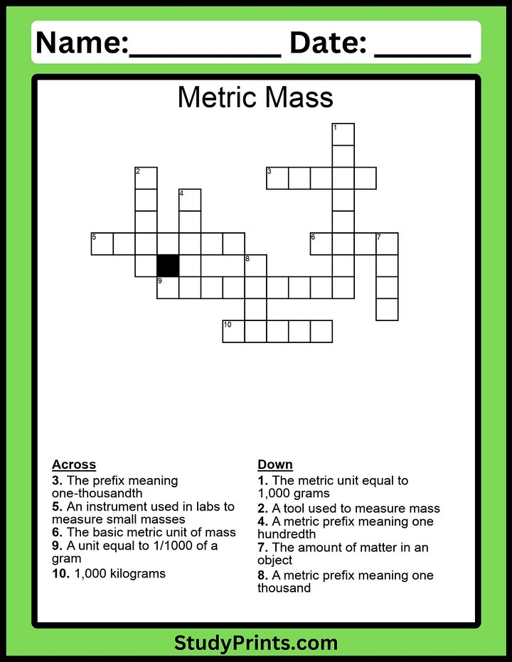 Metric Mass Crossword Puzzle Worksheet product image (1)