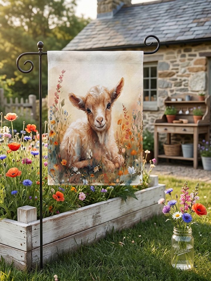 Watercolor Wildflower Goat Farm Flag product image (1)