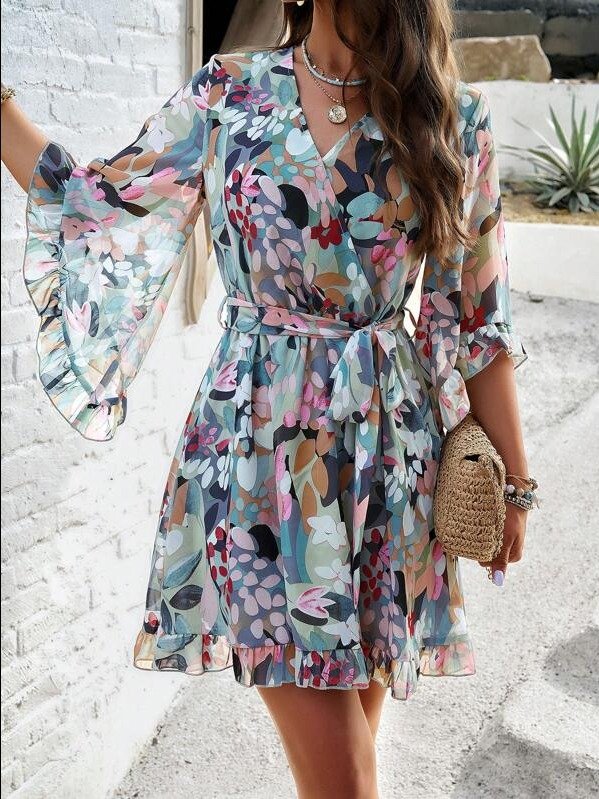 ADLEST Women's Summer Dress, Breathable And Comfortable, Lightweight, Floral Print With Ruffle Hem And Bell Sleeves Design, Waist Belt, Suitable For Daily Commute, Vacation Wear product image (1)