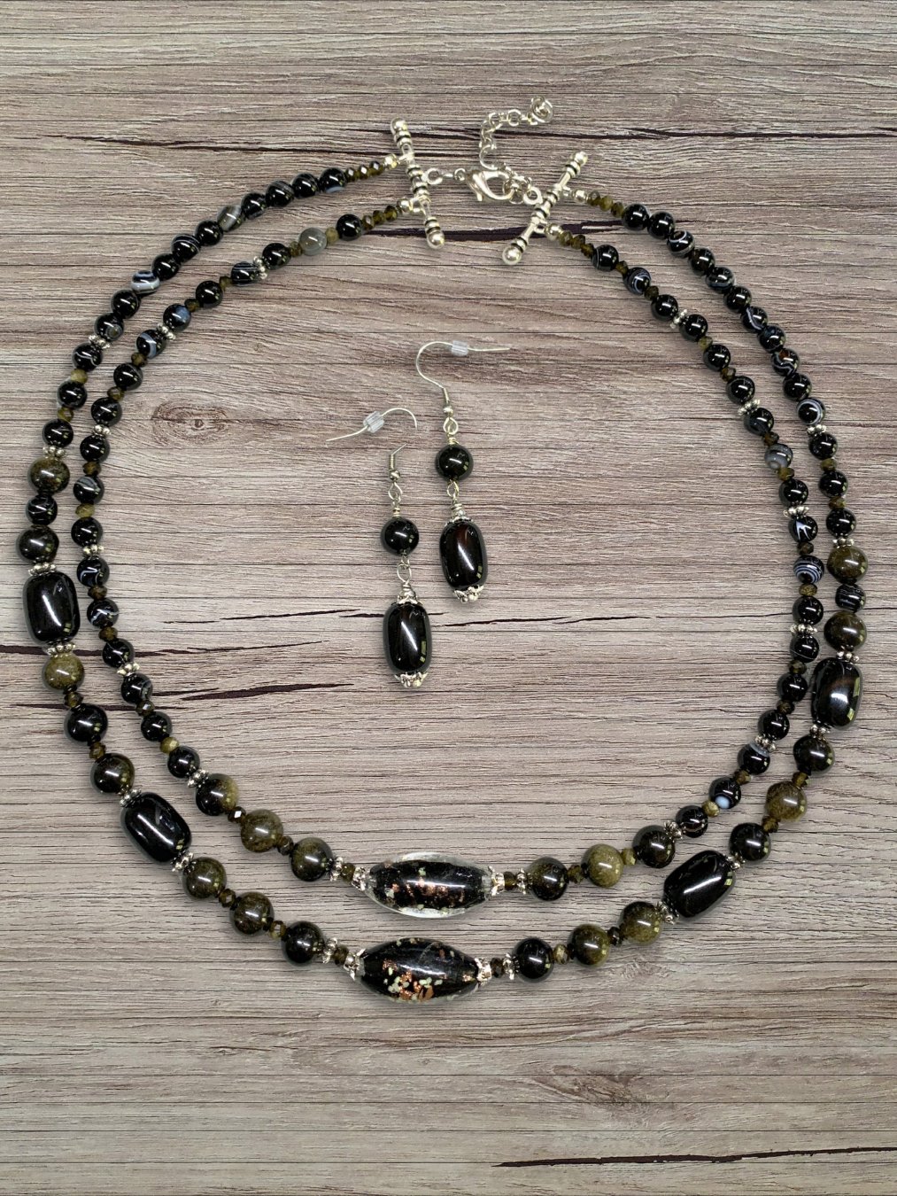 Black Onyx, Golden Sheen Obsidian 2-Strand Beaded Necklace and Earrings product image (4)