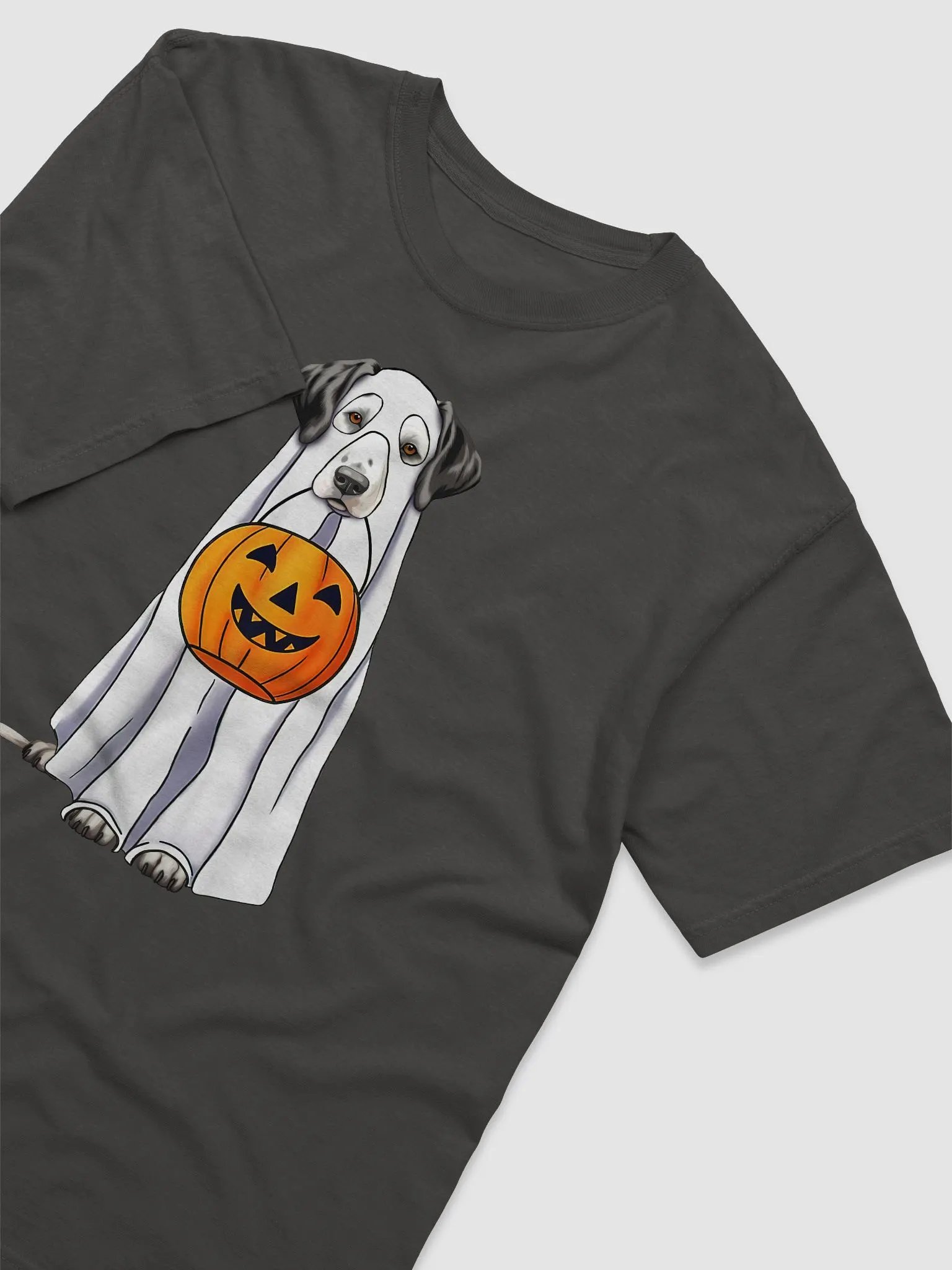 Dalmatian Halloween Tee | Funny Halloween Dalmatian Wearing a Ghost Costume with Pumpkin Basket product image (3)