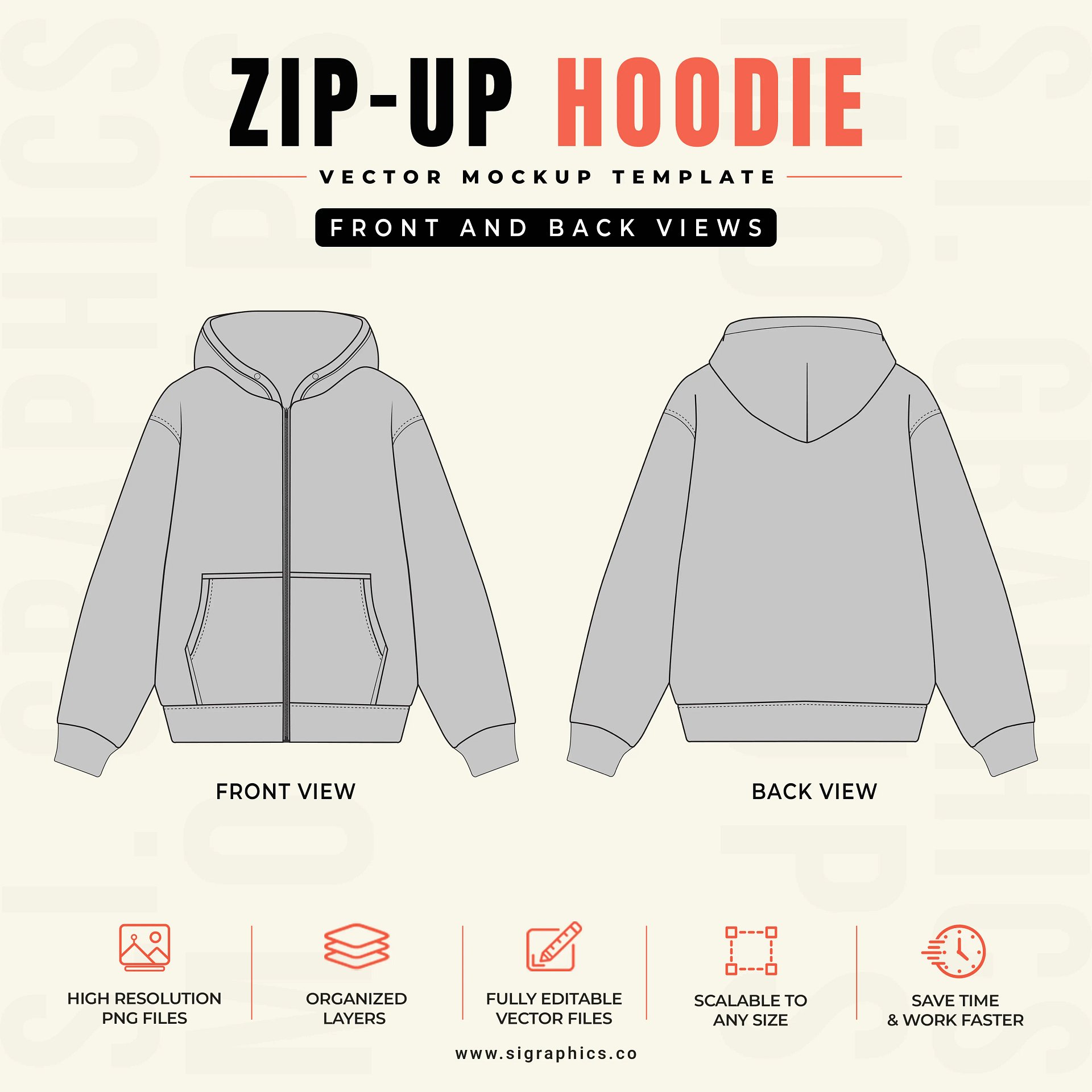 Zip-Up Hoodie Vector Mockup Template – Front & Back Flats product image (2)
