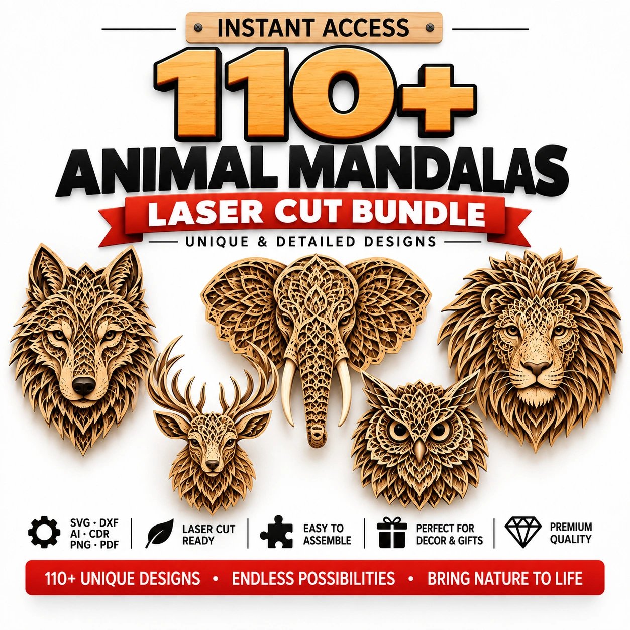 110+ Animal Mandala Laser Cut Bundle | Wall Art SVG, DXF & AI Files for CNC & Glowforge product image (1)