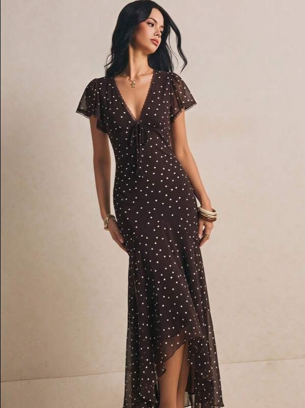 Poéselle Women's Vintage Polka Dot Maxi Dress For Women –Flutter Sleeve V-Neck Summer Boho Flowy Wrap Dress Summer Dresses Festival Outfits Wedding Guest Dress product image (5)