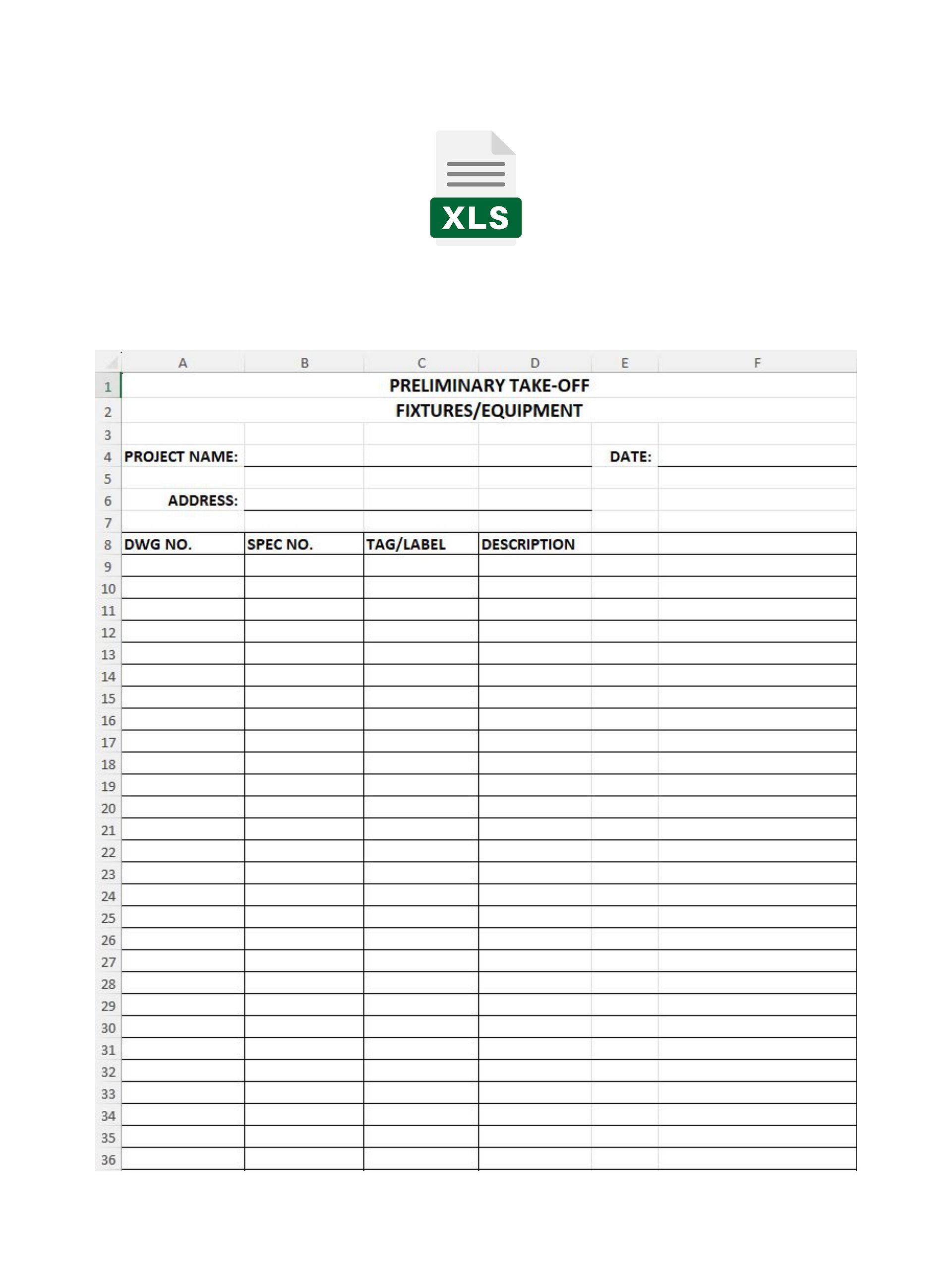 Preliminary Take-Off - Fixtures & Equipment - MS Excel product image (1)