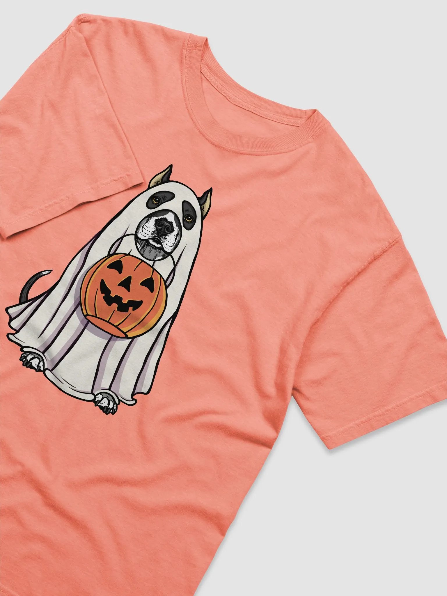 Funny Halloween Pitbull Terrier(Cropped Ears, Black) T-Shirt | Funny Pittie Wearing a Ghost Costume and Holding a Pumpkin Basket product image (6)