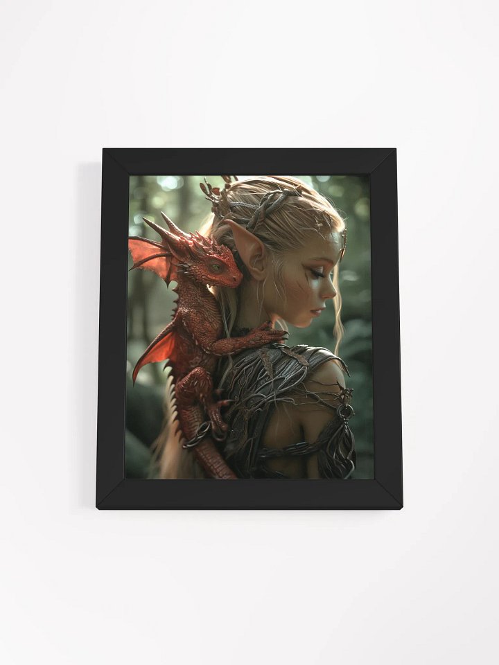Young elf with her small dragon on the back - Framed High Quality Matte Poster product image (1)