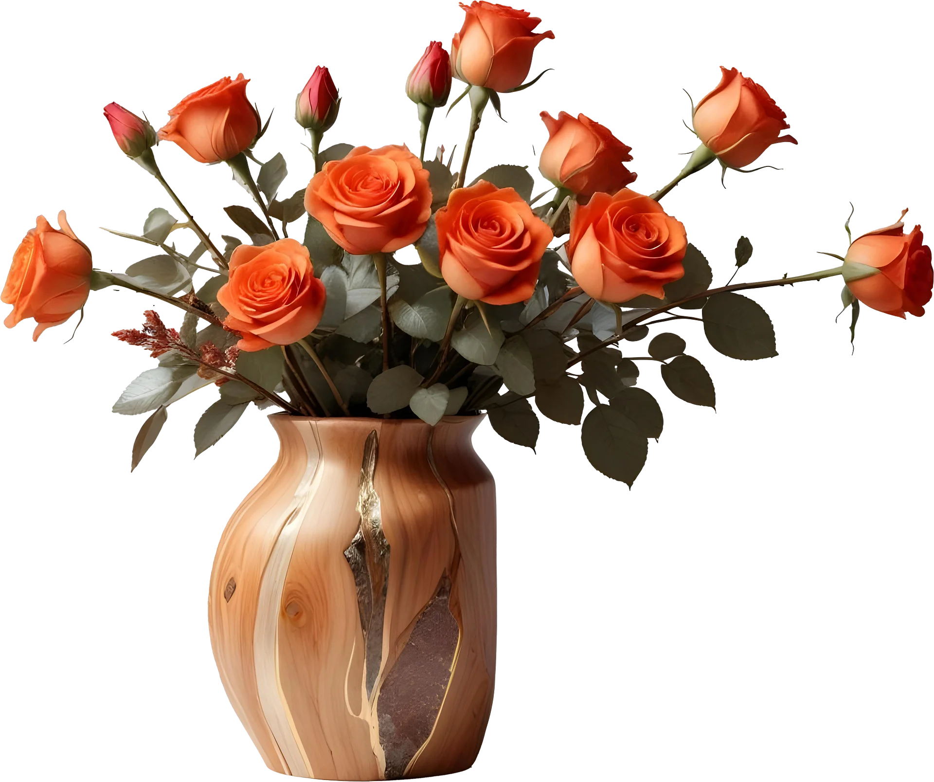 Rustic Wooden Vase with Orange Roses PNG product image (1)