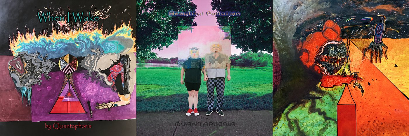 all three albums by quantaphoria and their respective art covers for When I wake, Beautiful Pollution, and Halloween Special