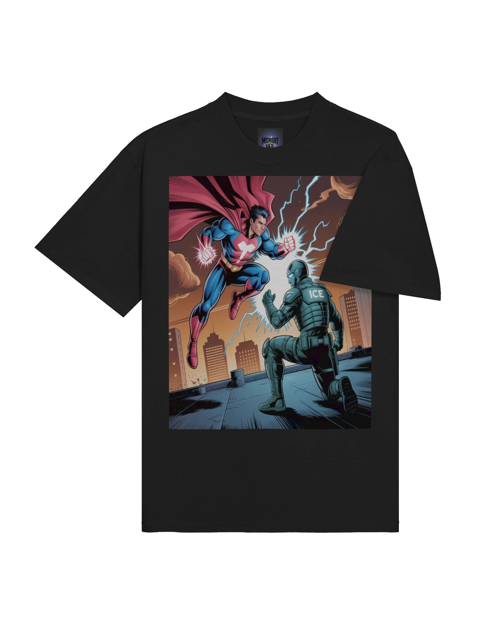 Shadowed Sentinel vs. Frostbound ICE Enforcer: Urban Eclipse Clash Oversized Faded T-Shirt product image (6)