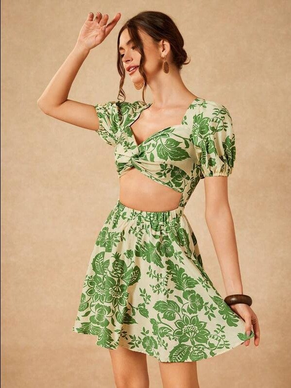 ADLEST Bohemian Multicolor Plant Flower Print Back Tie Chest Twist Puff Sleeve Green Mini Sundress, Spring And Summer Vacation Festival Outfits product image (2)