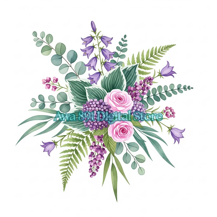 50 png clipart of purple flower bouquet, violet floral, watercolor clipart for printing, high quality PNG, digital download, paper crafts product image (1)