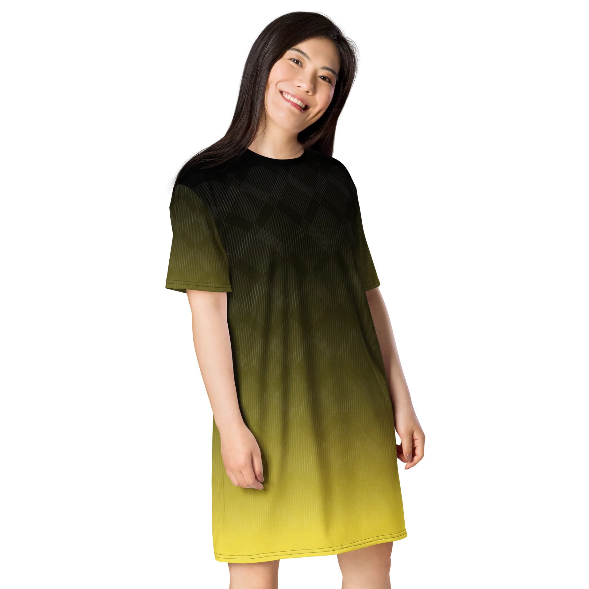 Exclusive Gradient T-Shirt Dress with Diamond Pattern - Black to Yellow product image (4)