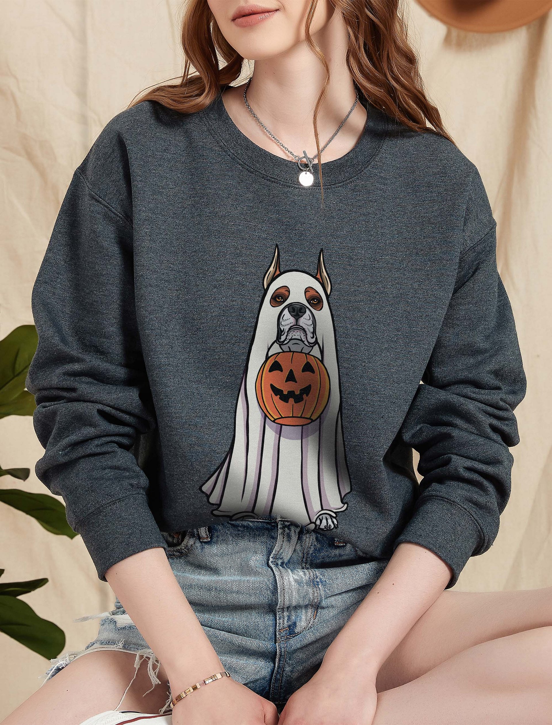 Funny Halloween Boxer Dog(Cropped Ears) Sweatshirt | Funny Boxer Wearing a Ghost Costume and Holding a Pumpkin Basket product image (2)