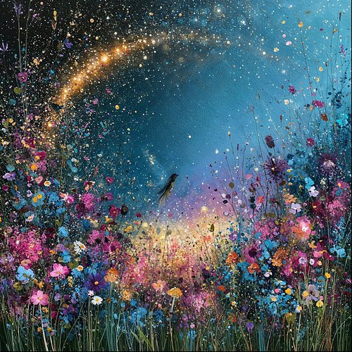 In this garden, the cosmos blooms. Every flower is a star, every petal a prayer, every color a frequency of light. The bird f...