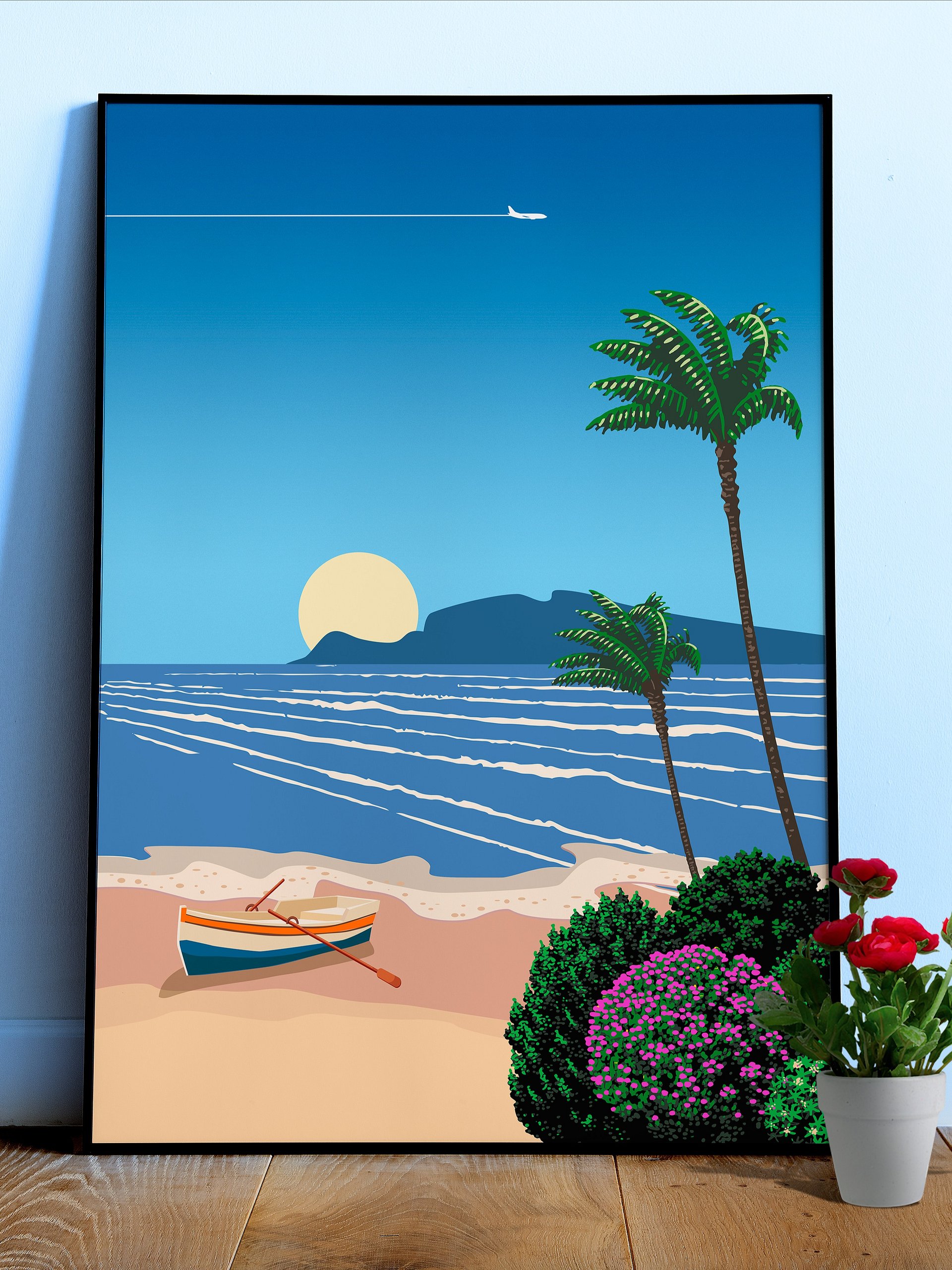 Cyprus. Beach with boat, sunrise — City Pop art, retrowave/vaporwave poster, 80s, aesthetic poster, Hiroshi Nagai inspired art product image (1)