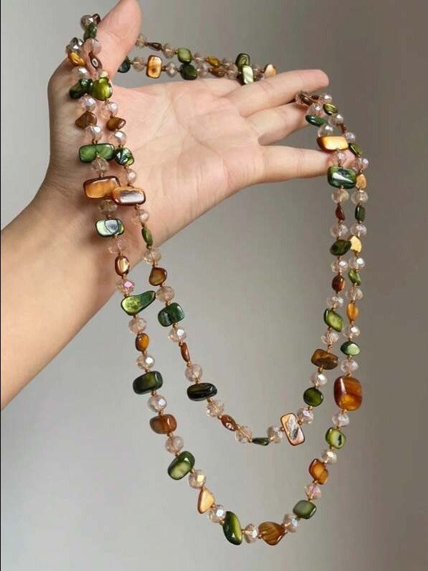 New Product1pc Vintage Necklace, Bohemian Style Colorful Shell Beaded Double Layer Necklace, Retro Luxurious Holiday Long Necklace, Stackable, Assorted Gemstone And Pearl Colors And Shapes product image (2)