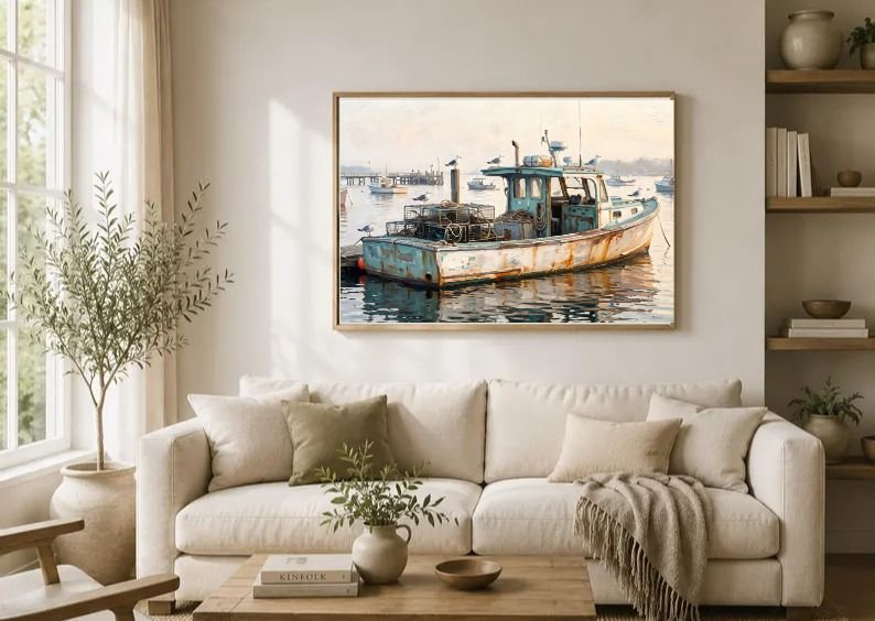 Rare Watercolor Coastal Wall Art Bundle of 3 – Coastal Grasses in Wind, Lobster Boat Docked in Harbor & Wooden Jetty in Sea Mist, Fine Detail Nautical Print product image (1)