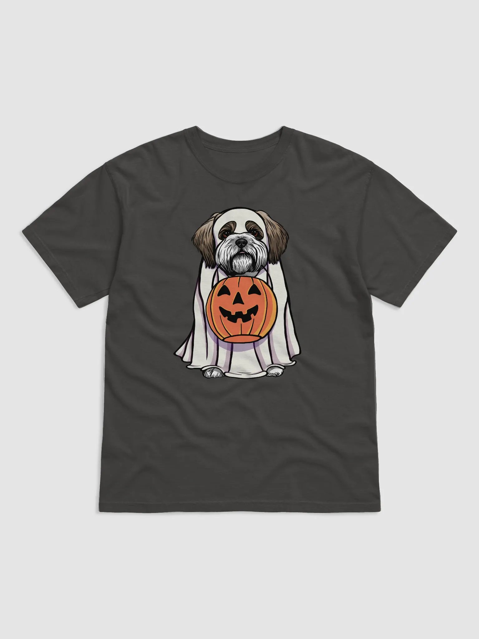 Funny Halloween Shih Tzu T-Shirt | Funny Dog Wearing a Ghost Costume and Holding a Pumpkin Basket product image (1)