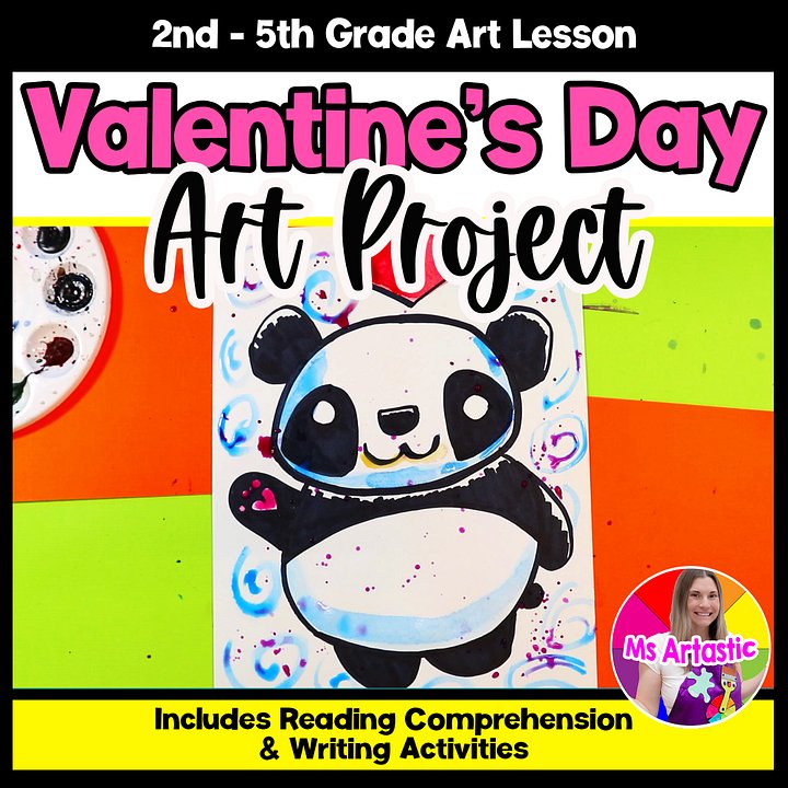 Valentines Day Panda Art Project Valentine Art Lesson with Reading Writing product image (1)