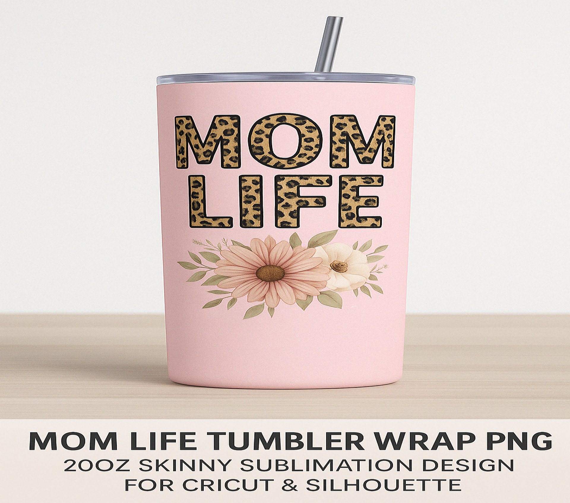 Mom Life 20oz Tumbler Wrap PNG – Leopard Print Pink Floral Design – Sublimation File for Cricut, Silhouette & Digital Download product image (2)