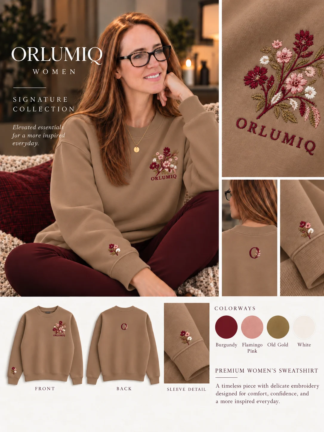 ORLUMIQ Signature Floral Crewneck Sweatshirt – Latte | Women's Boutique Collection product image (1)