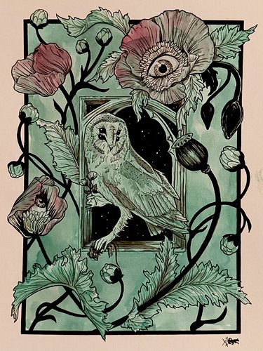 Day 4 of #mabsdrawlloweenclub - the prompt was Owl. This is drawn the olden way, pen and ink and watercolor on paper. No AI 🤖...