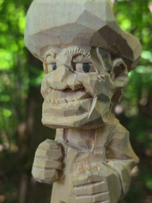 My lunch break hillbilly, and old dude in a folded up floppy hat, overalls, and a smirk!  Carved from a Basswood Block about 2x2 by about 7ish inches tall? #woodcarving #caricaturecarving #whittling #woodcarver #woodart 