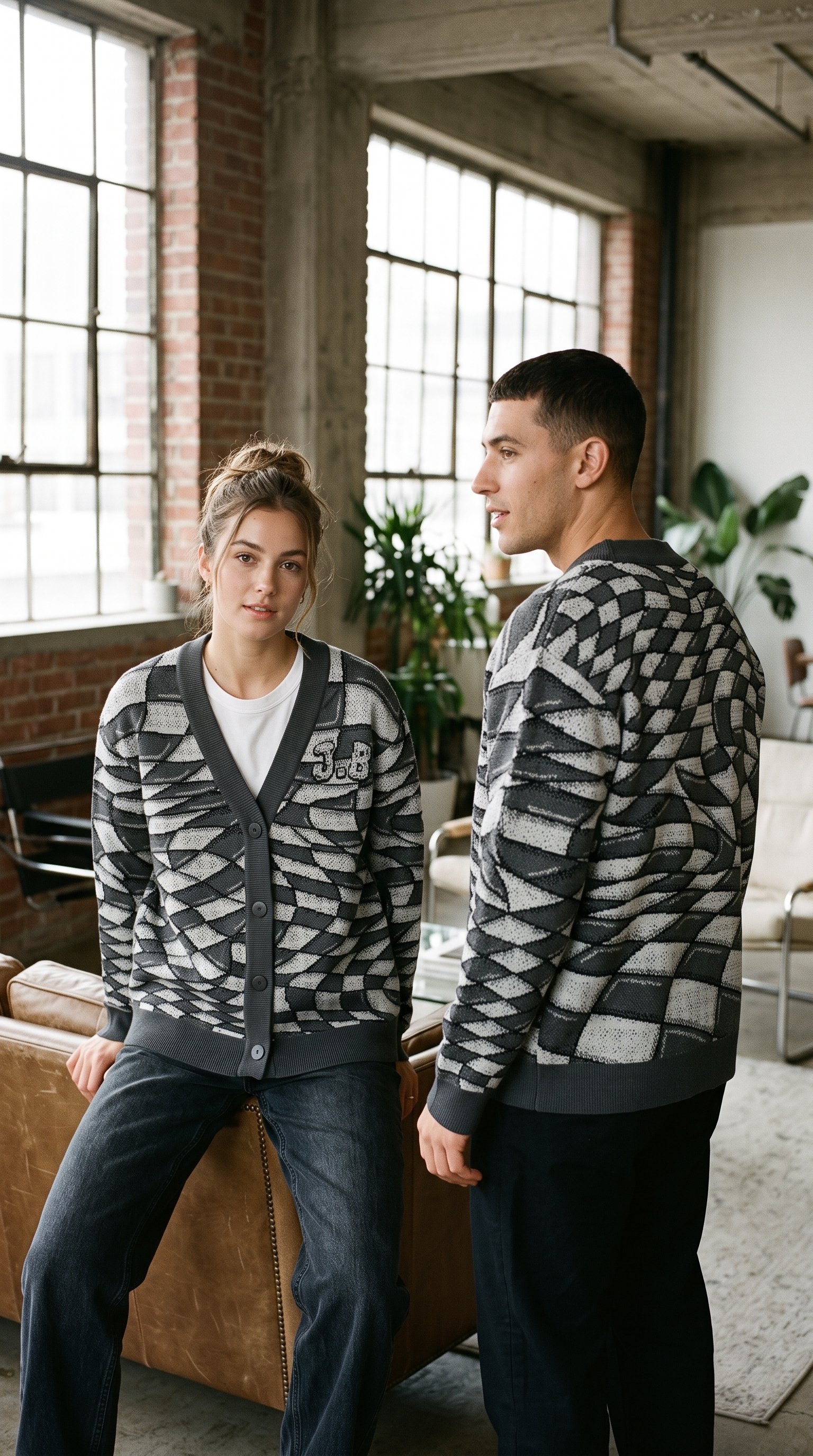 Cardigan Pattern Blueprint: Pocketless Knit Sweater | Distortion Checkered Graphic Cardigan product image (1)