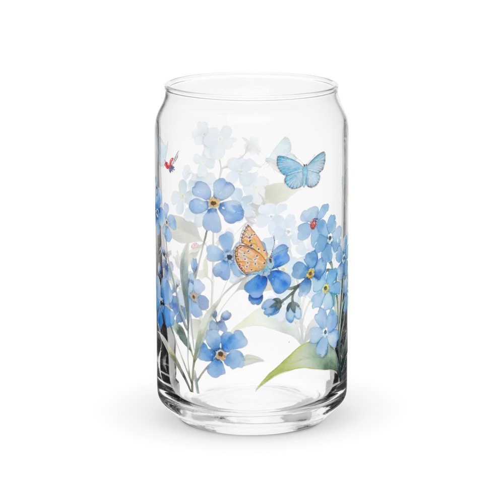 Forget-Me-Not Whispers Glass Can Tumbler | 16oz Eco-Friendly Botanical Drinkware | Blue Blossoms & Butterflies Design product image (10)